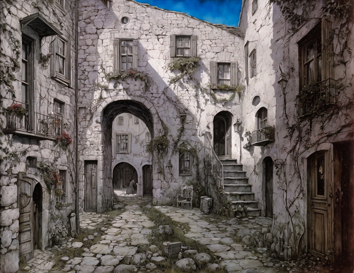 Serene sunlit courtyard with rustic stone architecture