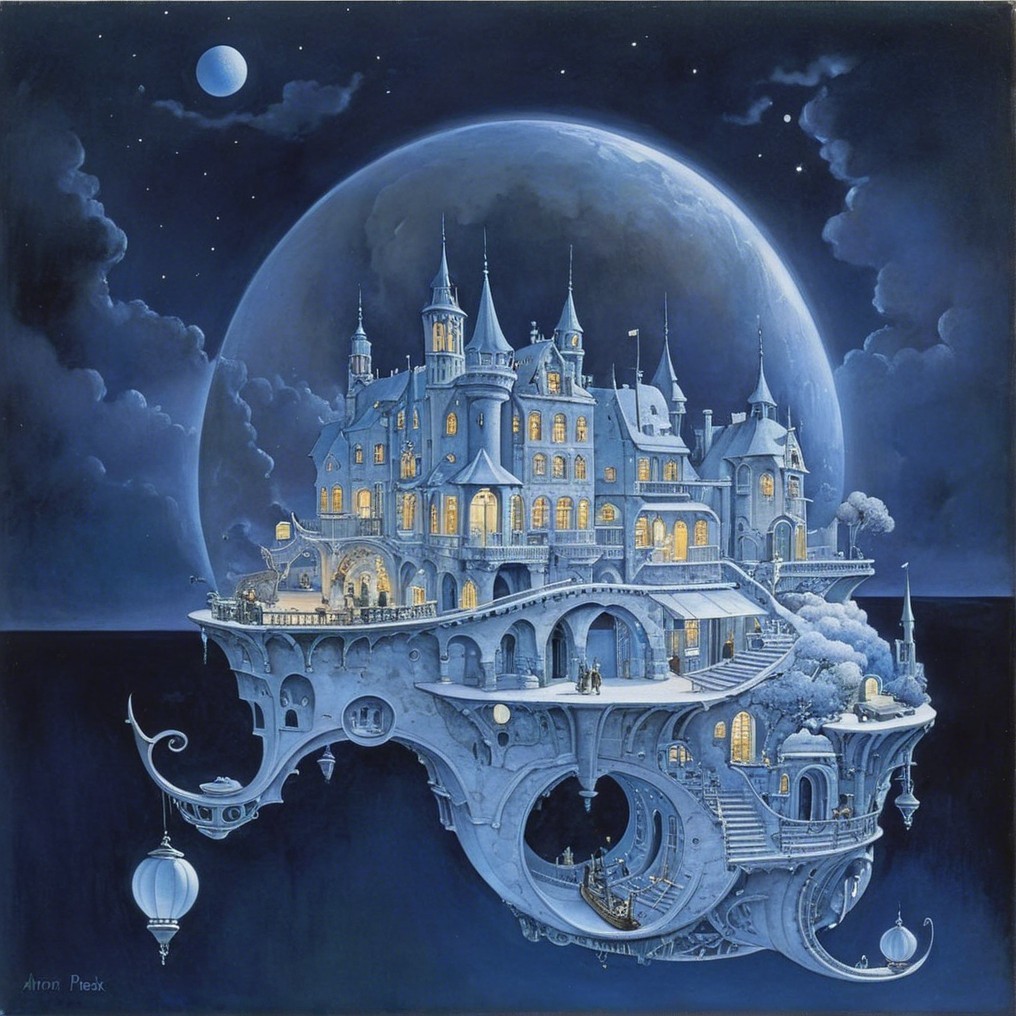 Fantastical Castle on Crescent Platform Under Moonlight