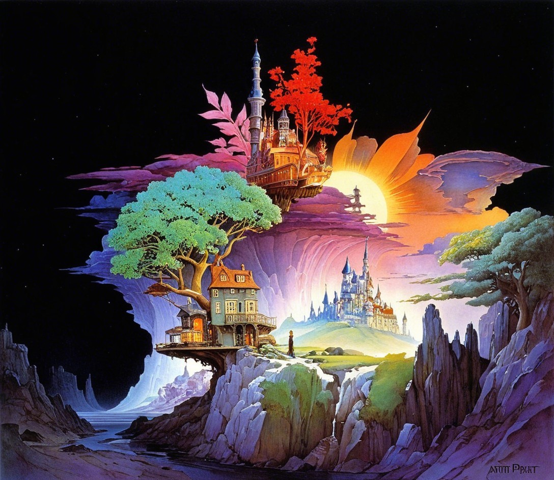 Fantastical landscape with sunset and floating island