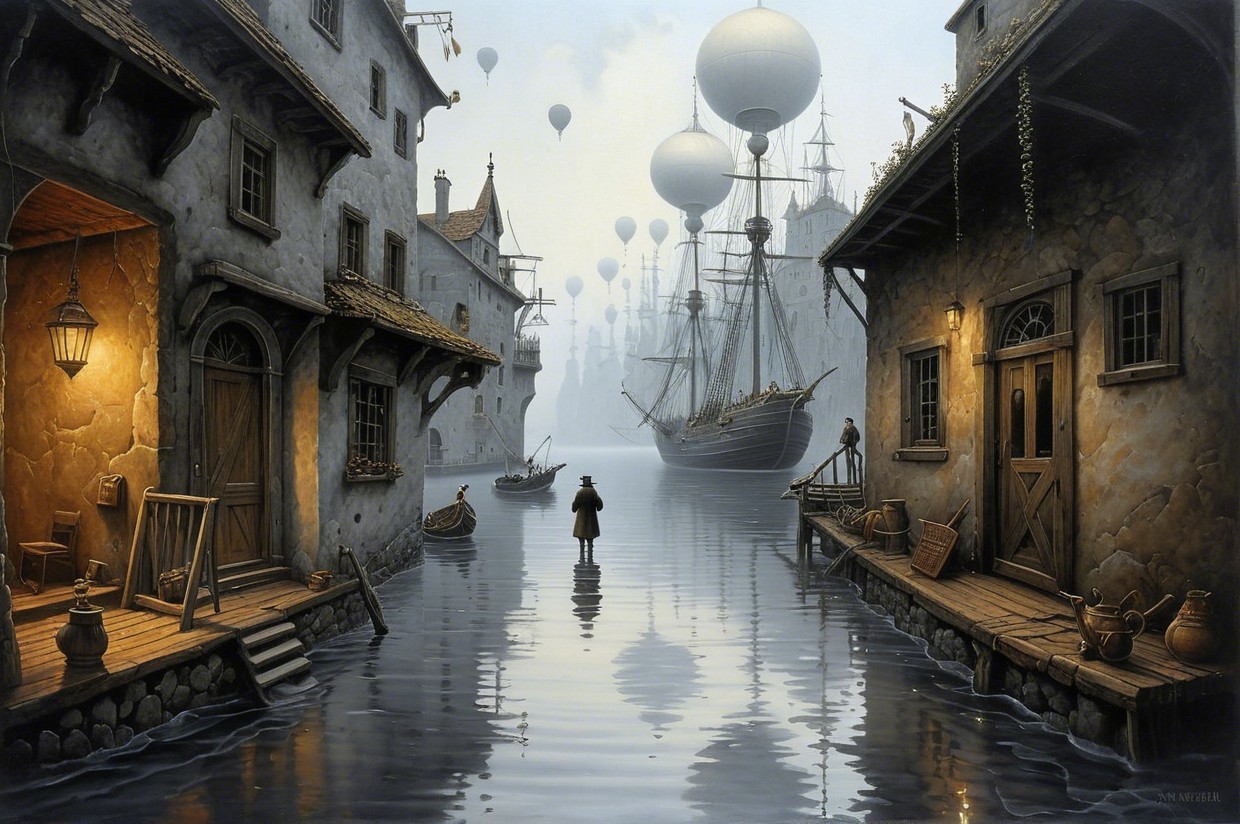 Foggy Harbor Scene with Hot Air Balloons and Ships