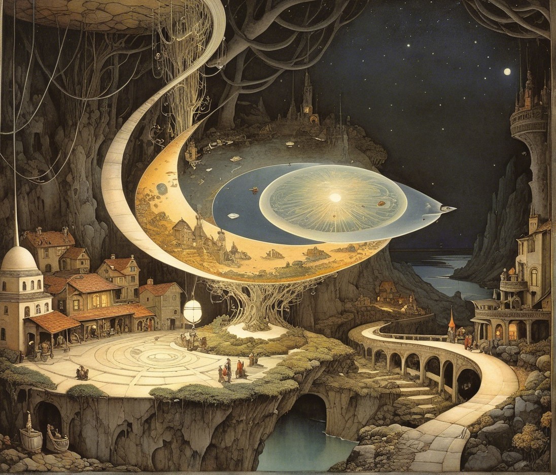 Surreal Landscape with Cosmic Architecture and Nature