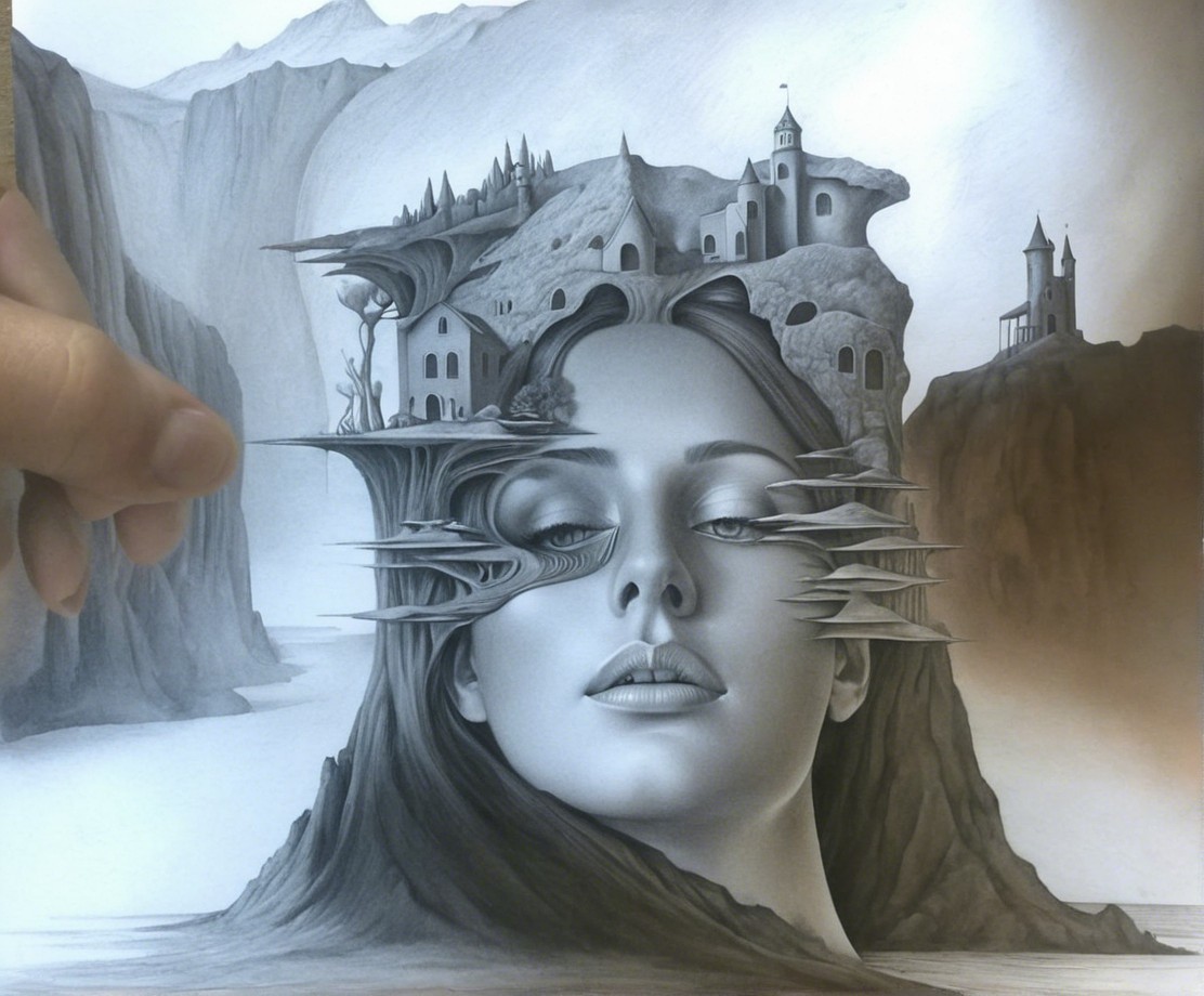 Black-and-white drawing of a woman's face and landscape