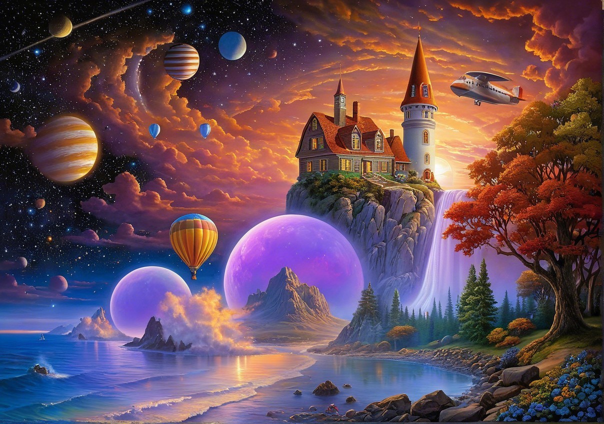 Vibrant Fantasy Landscape with Castle and Waterfalls
