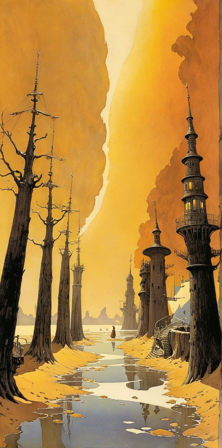 Surreal Landscape with Twisted Trees and Ornate Towers