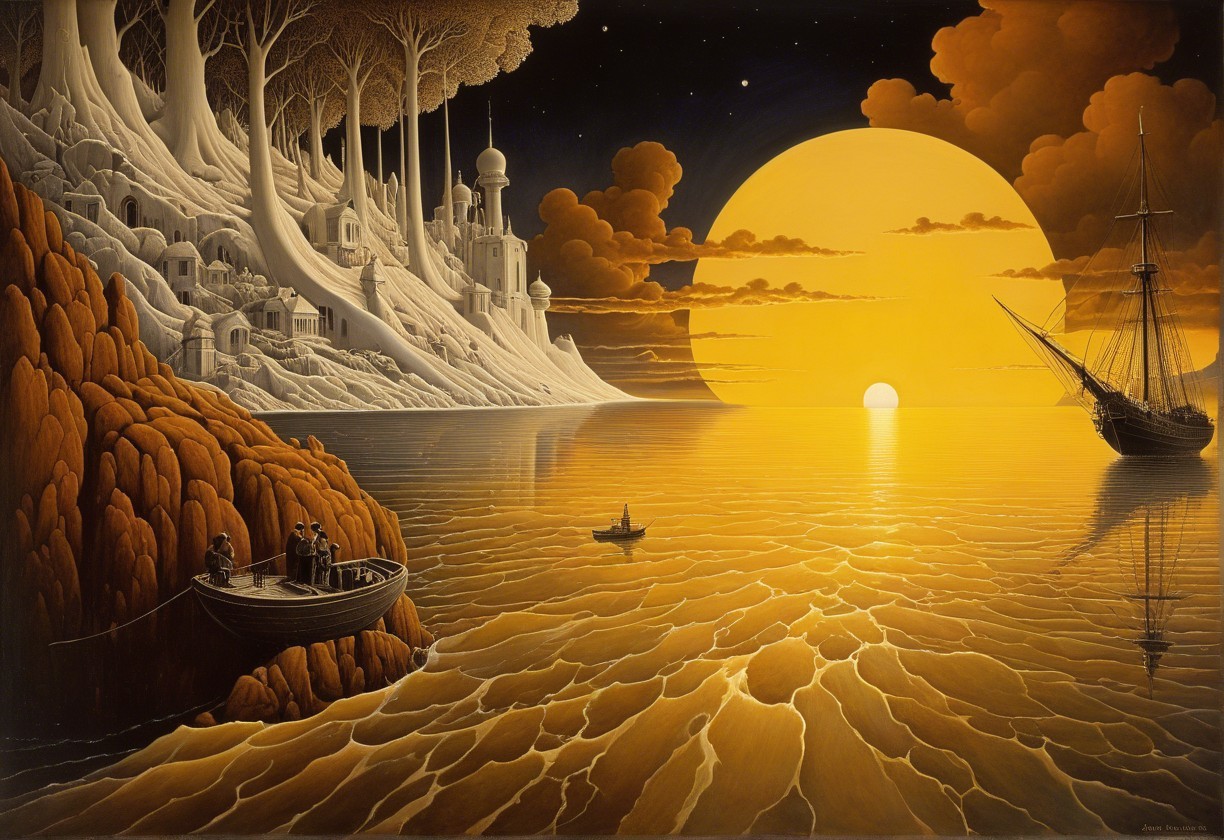 Serene Sunset Seascape with Boats and Village