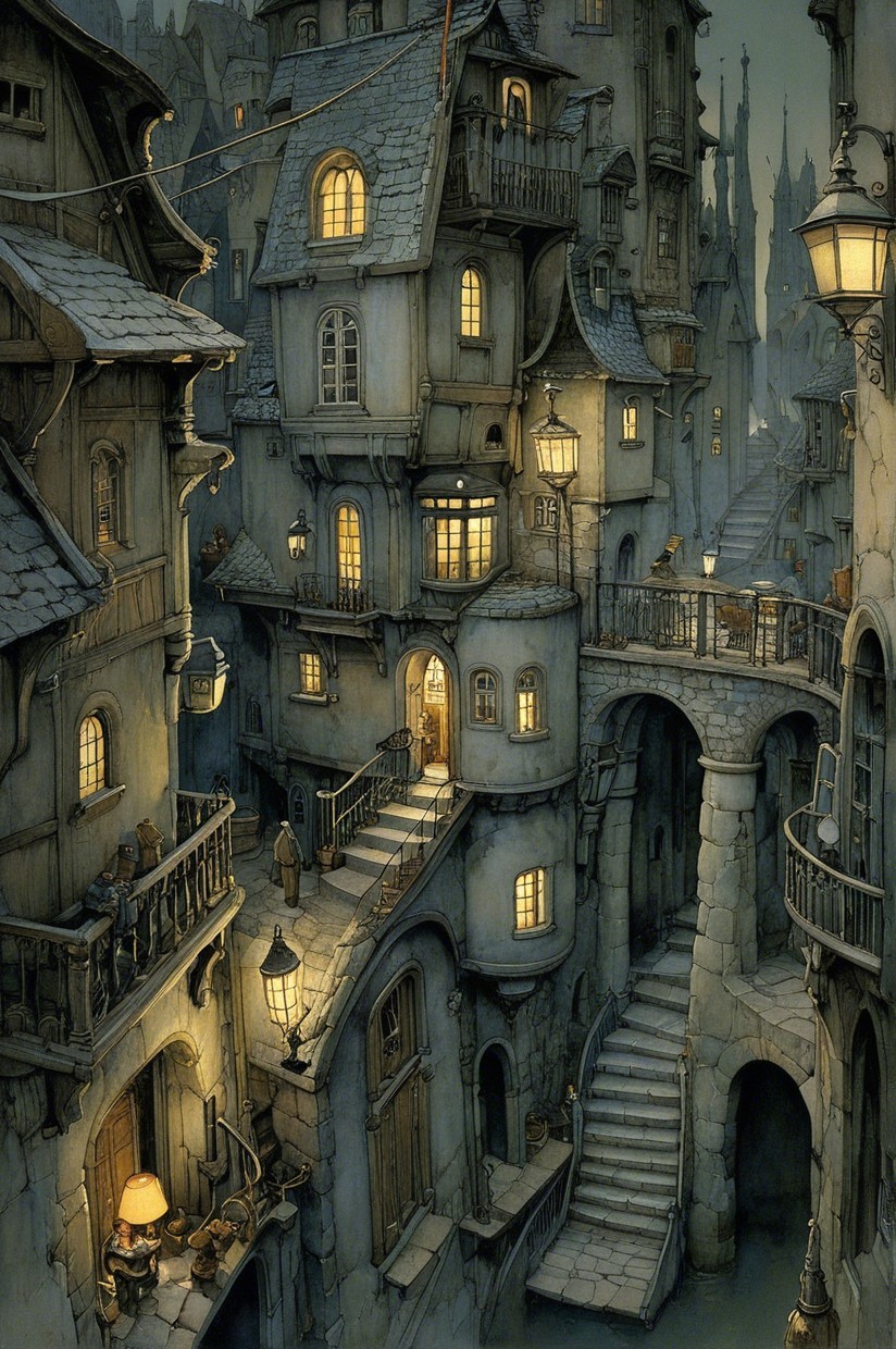 Whimsical Narrow Street with Fantastical Buildings