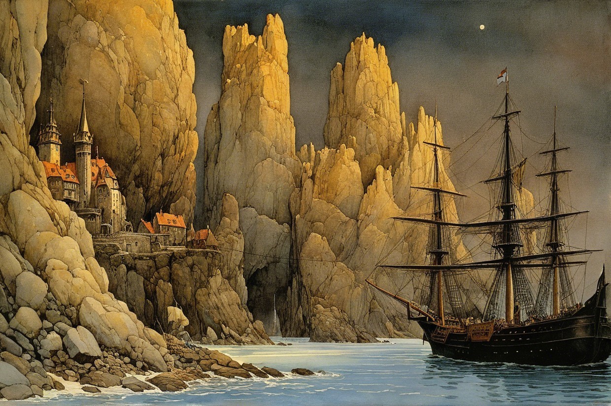 Seascape with Cliffs, Castle, and Sailing Ship