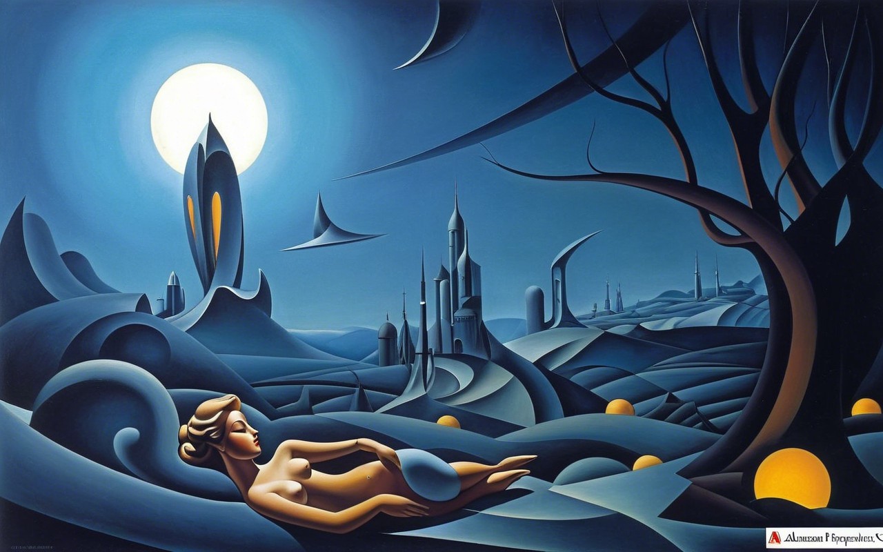 Surreal Landscape with Moonlight and Futuristic Elements
