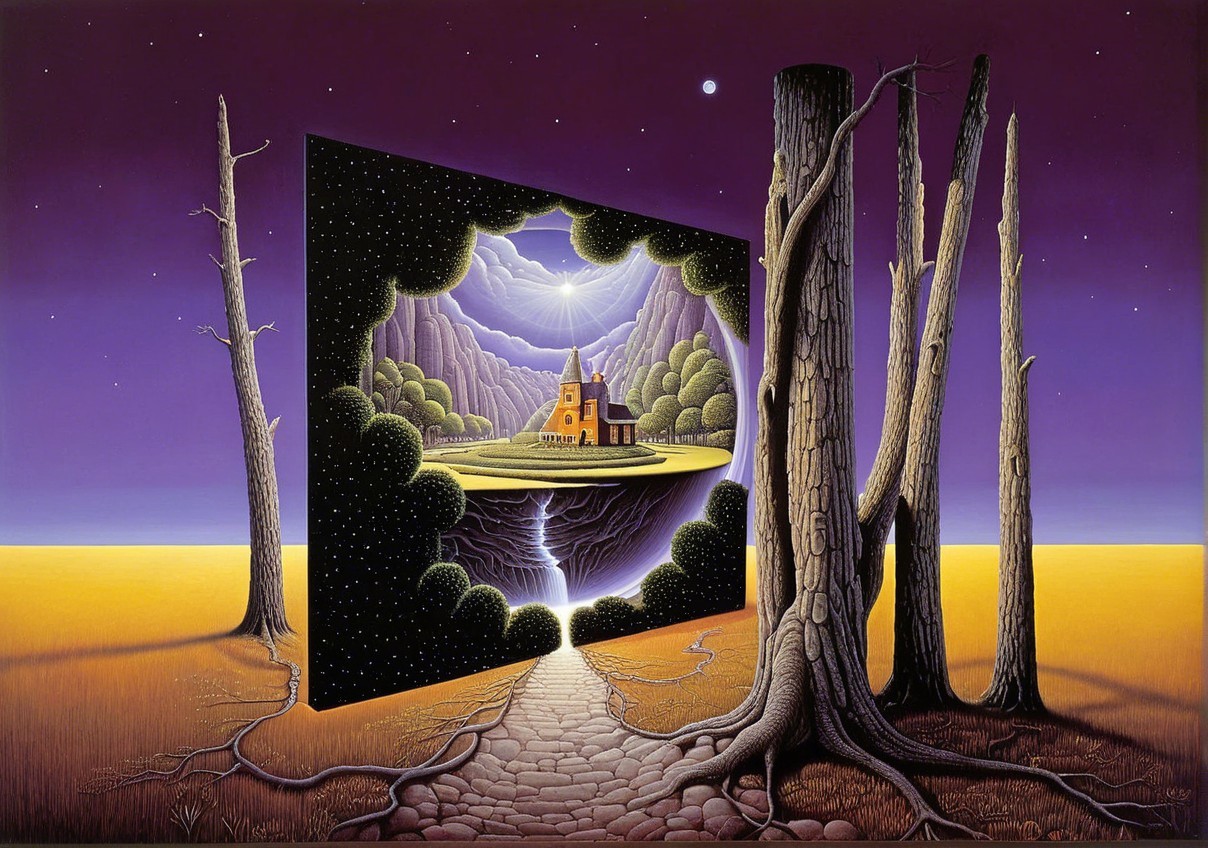 Surreal Landscape with Portal and Barren Trees