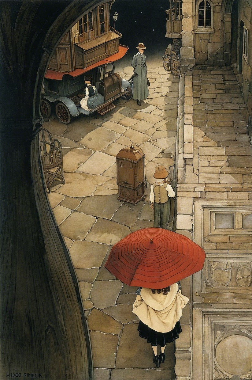 Twilight Scene on a Cobblestone Street with Vintage Elements