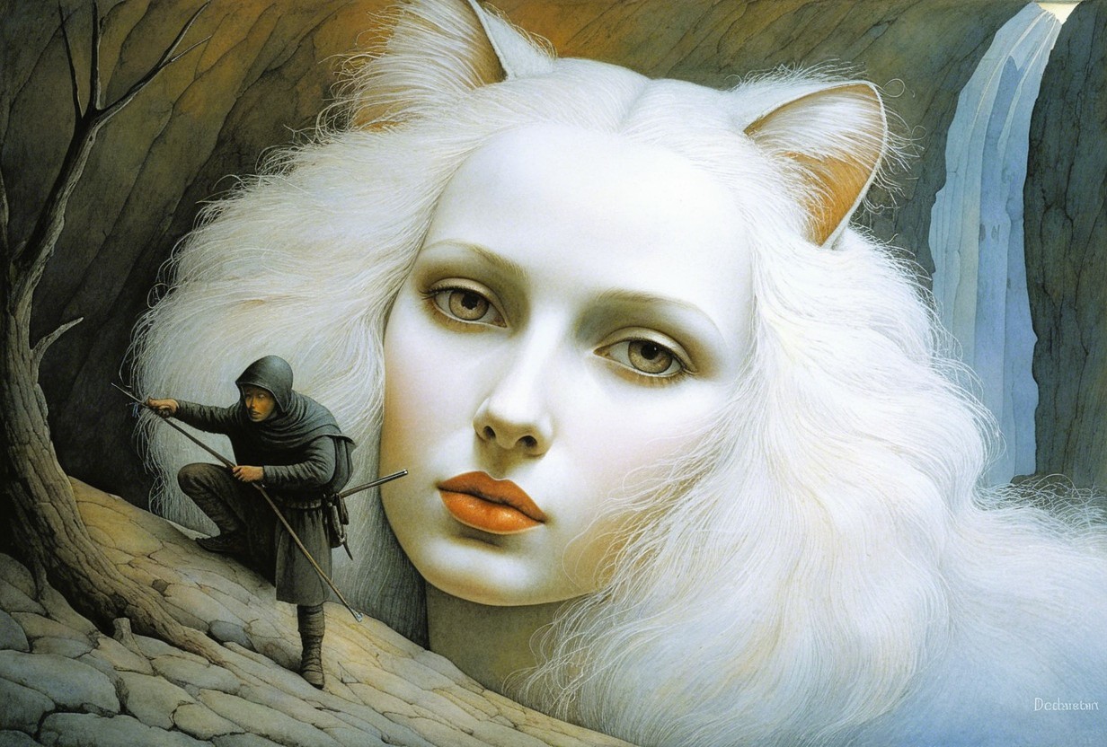 Fantasy Scene with Ethereal Feminine Face and Cloaked Figure