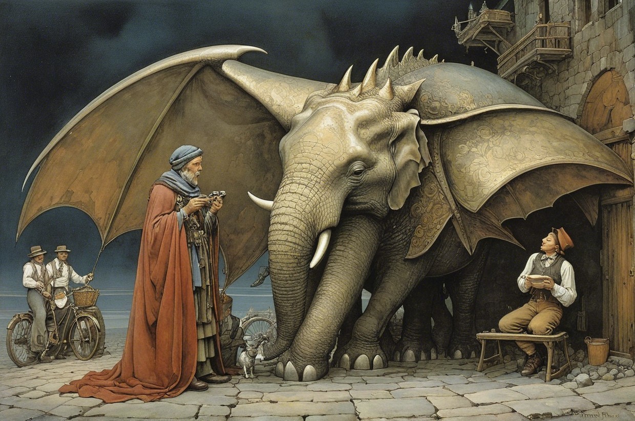 Majestic Elephant with Wings in Twilight Scene