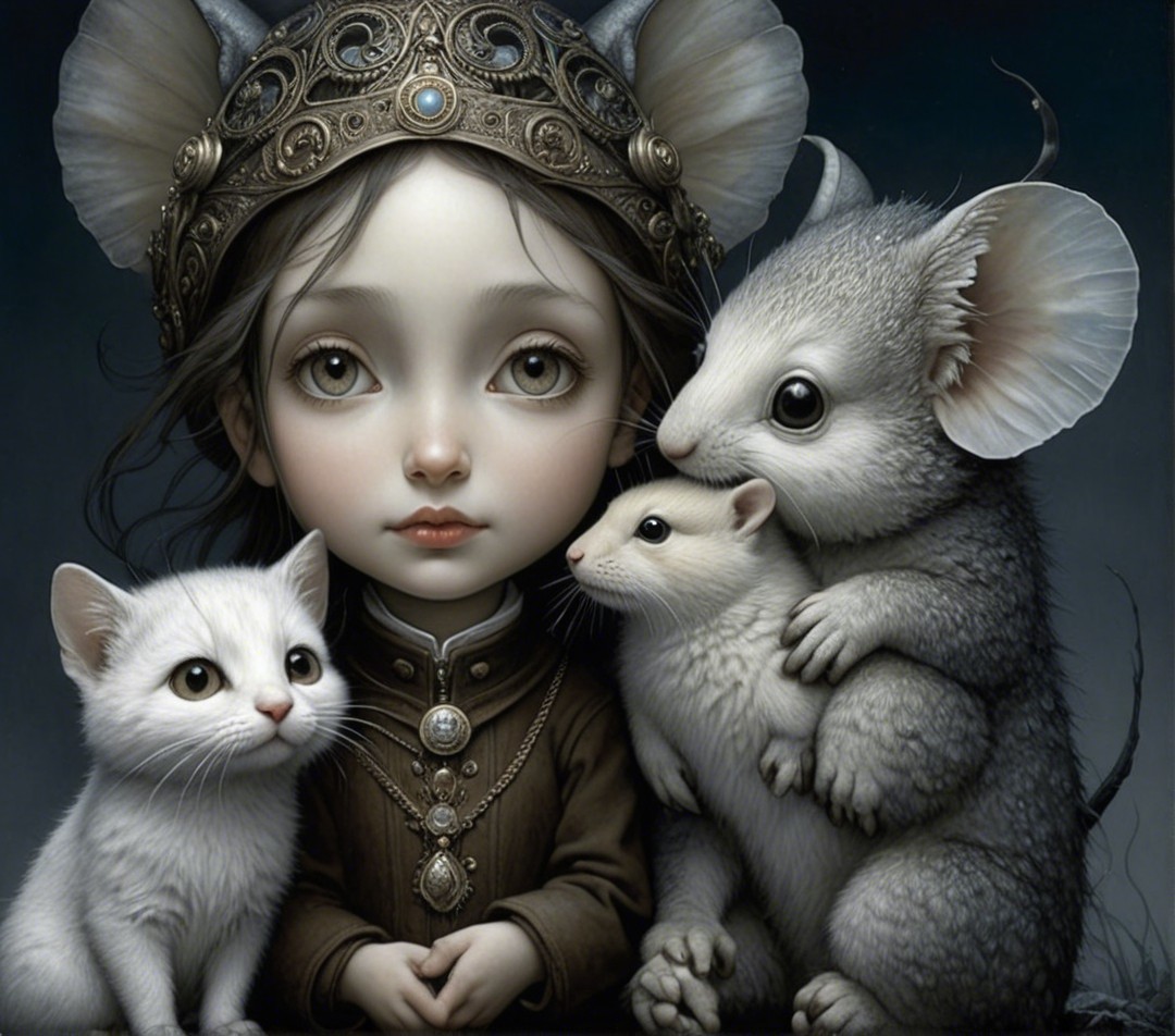 Young girl in crown with cat and grey mice in fantasy scene