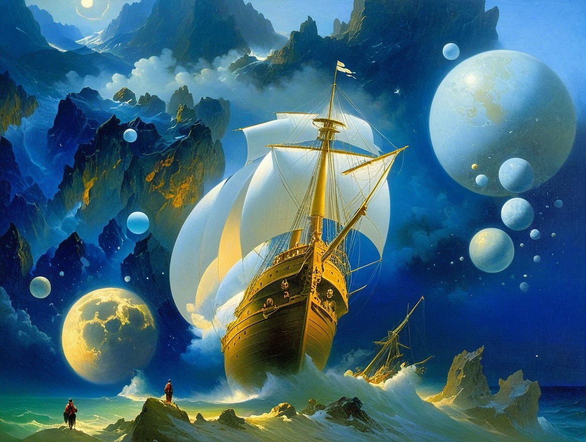 Majestic Sailing Ship in Ethereal Cosmic Landscape