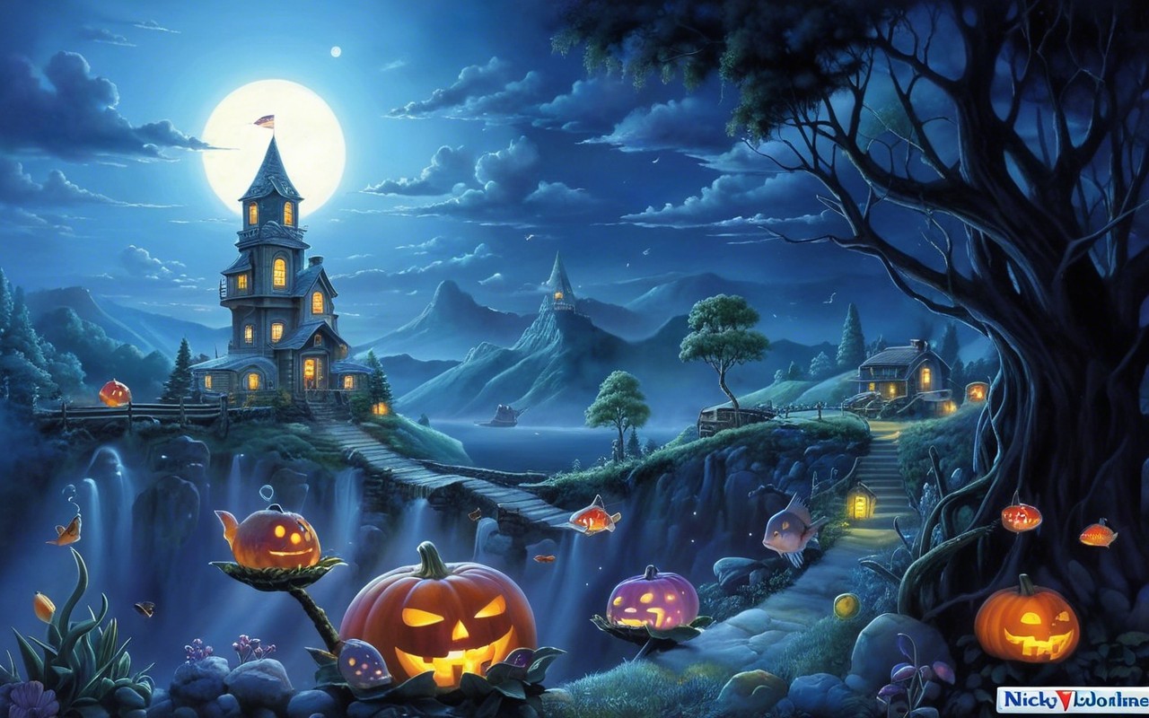 Whimsical Halloween Scene with Mansion and Moonlight