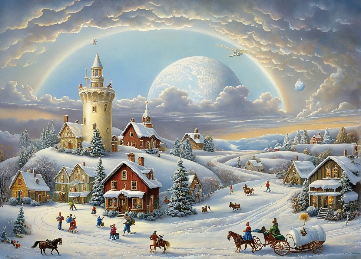 Whimsical Winter Village with Snow and Fantasy Elements