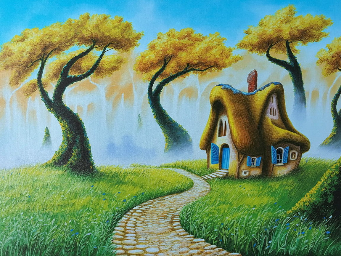 Whimsical Fairytale Cottage Surrounded by Lush Meadow