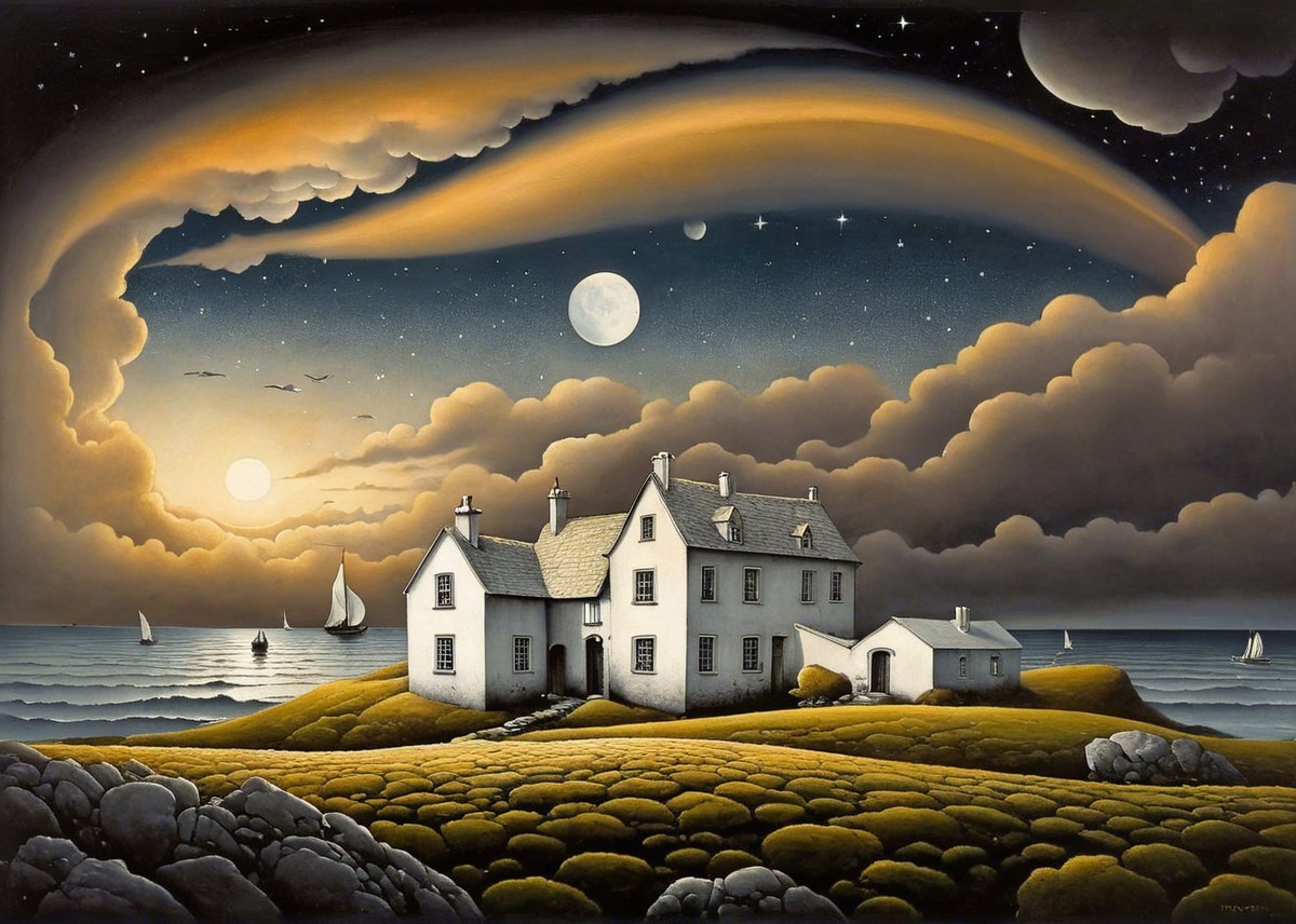 Surreal Landscape with White House and Two Moons