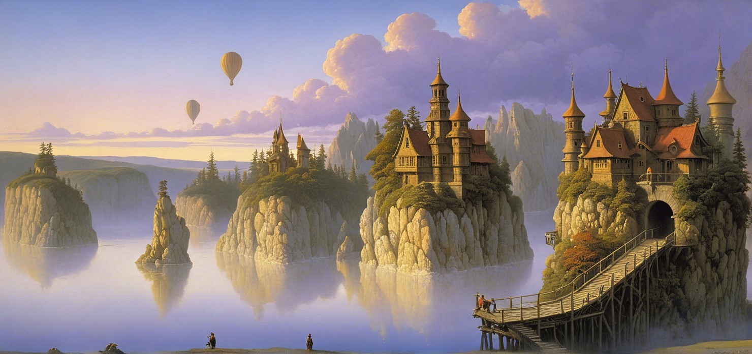 Serene Landscape with Rock Formations and Castle
