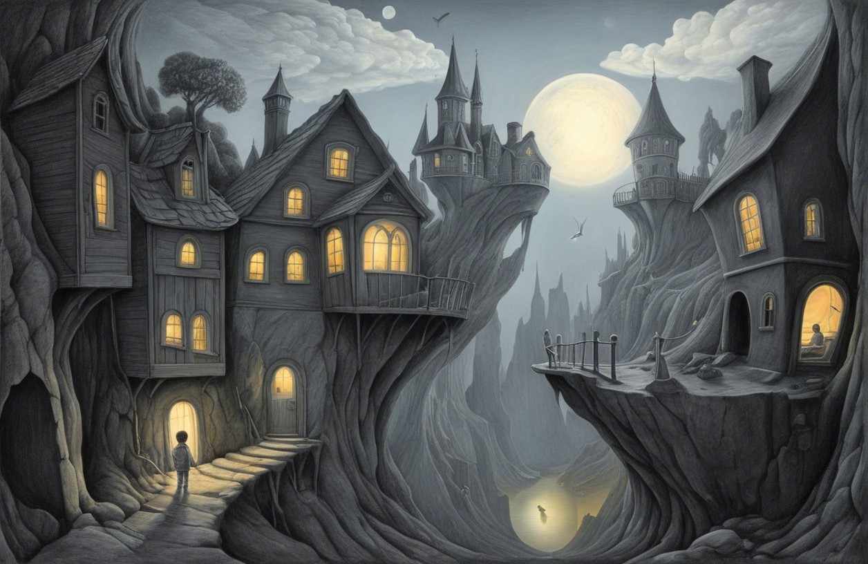 Monochromatic Landscape with Twisted Houses and Moonlight