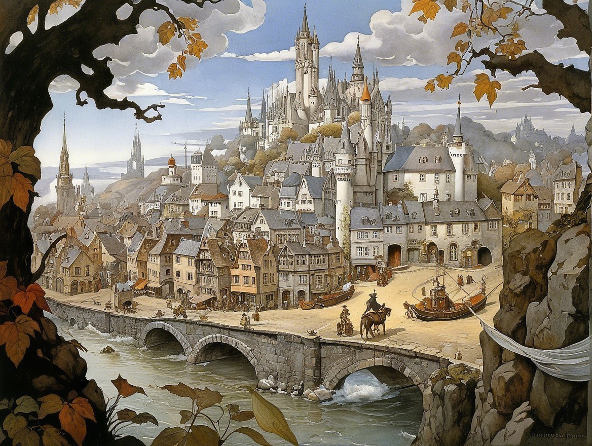 Medieval Town with Castle and Autumn Foliage