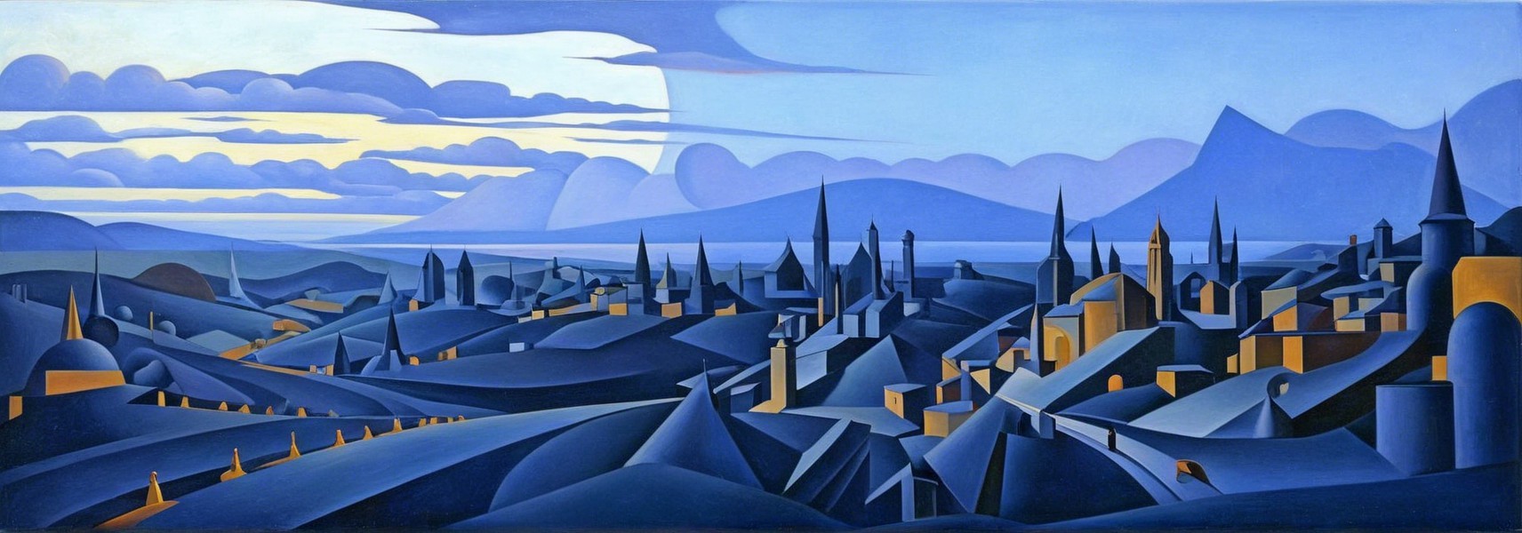 Stylized Landscape with Rolling Hills and Towers