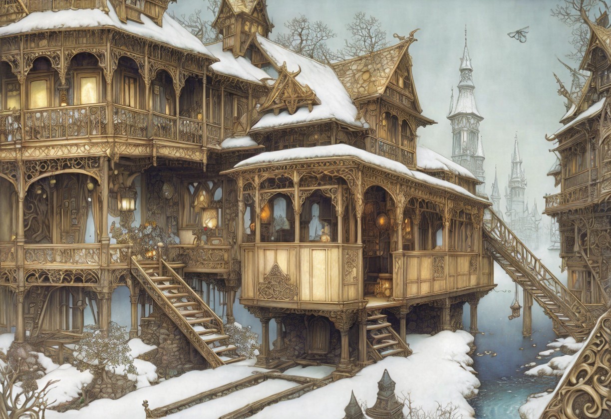 Snow-covered wooden house with balconies, staircases, and carvings in a fantasy setting.