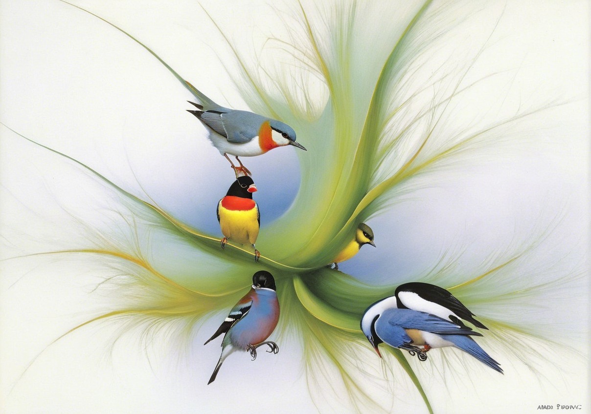 Colorful Birds in Abstract Design with Gradient Background