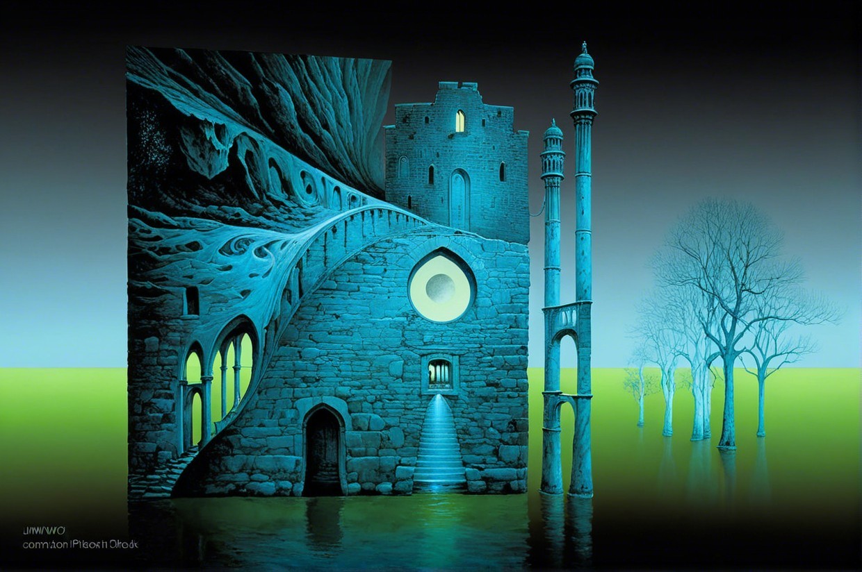 Surreal Landscape with Architecture and Nature Elements