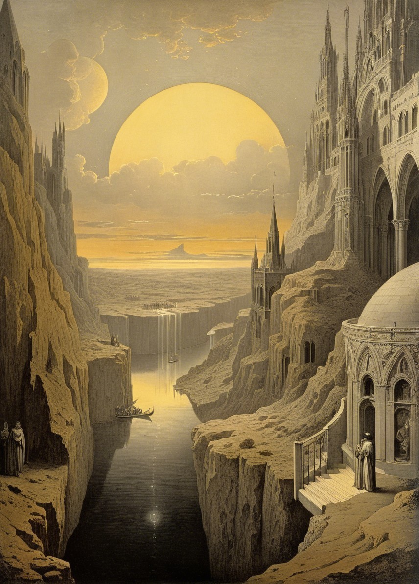 Surreal Landscape with Gothic Structures and River