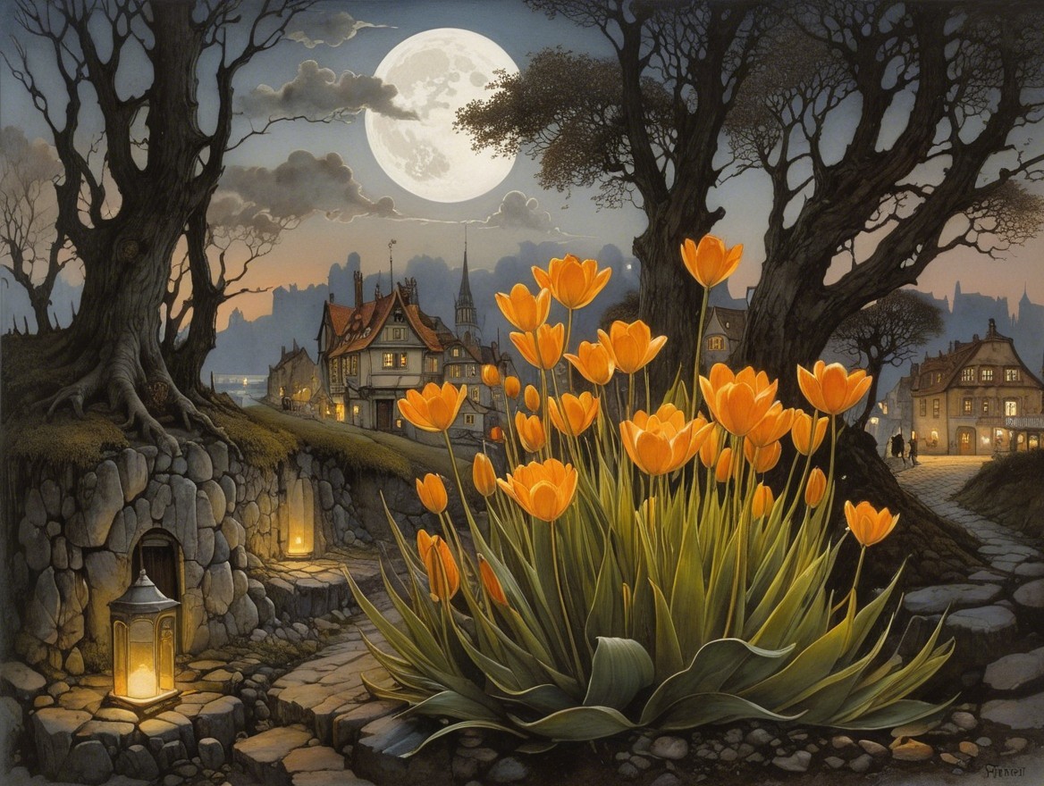 Serene Night Scene with Moonlit Village and Tulips