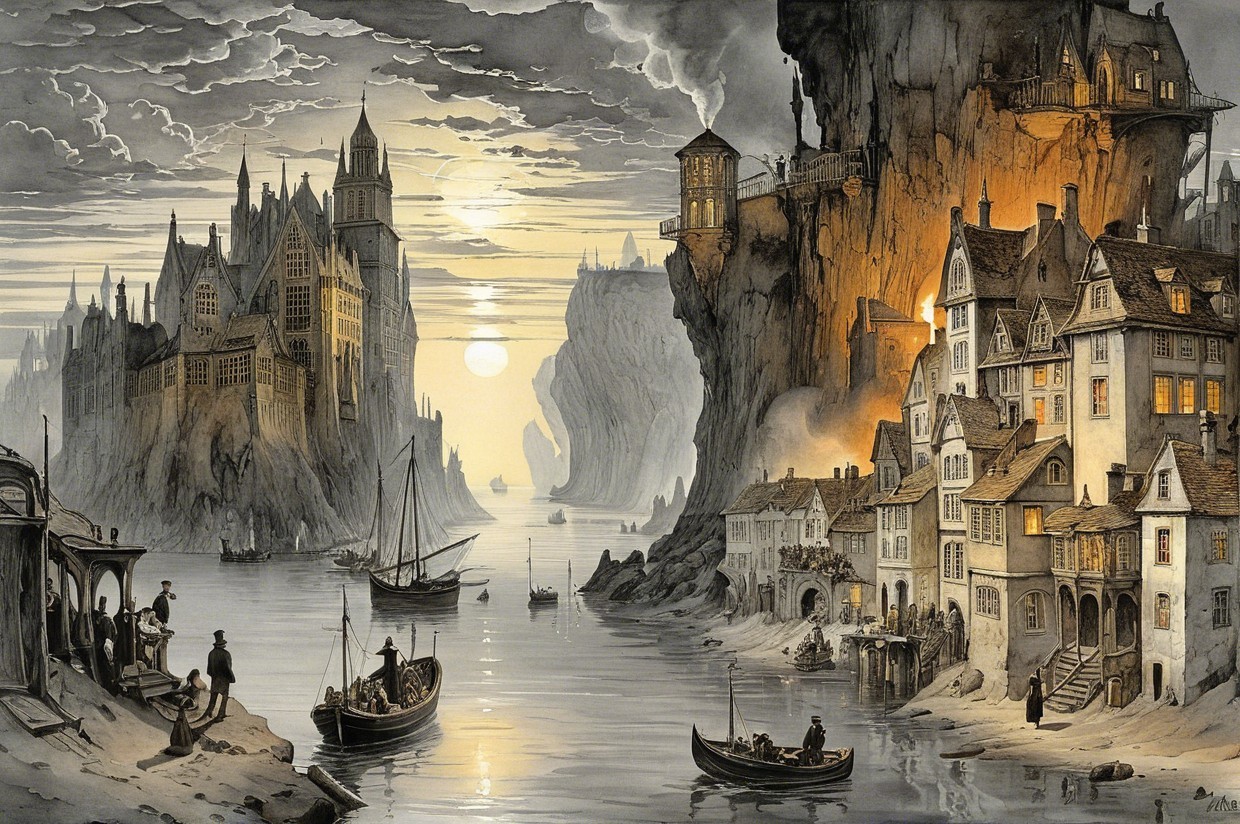Tranquil River with Castles and Dramatic Sunset