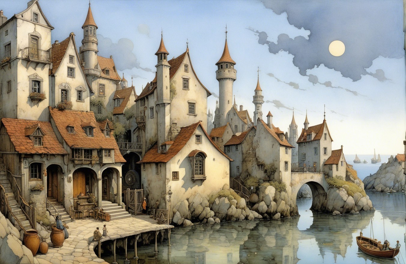 Fantasy Village by Water with Whimsical Architecture
