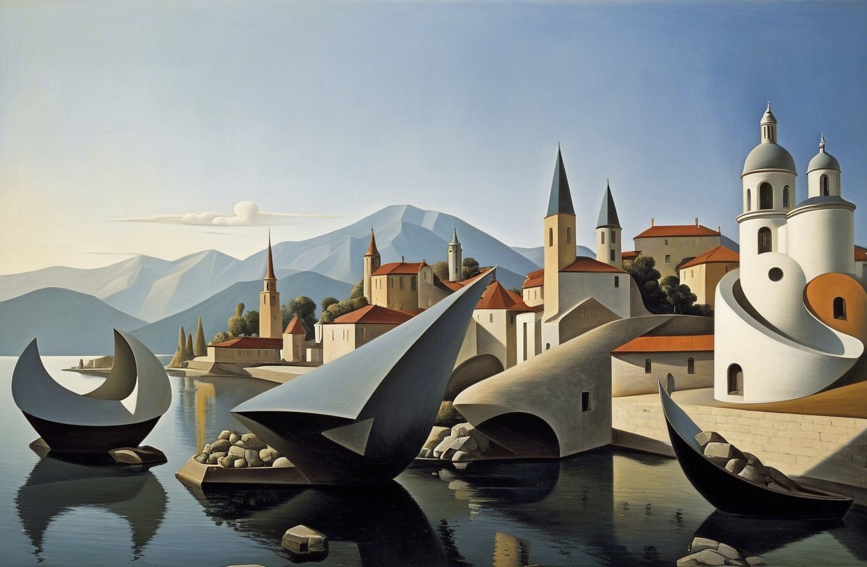 Lakeside Village with Unique Architecture and Mountains