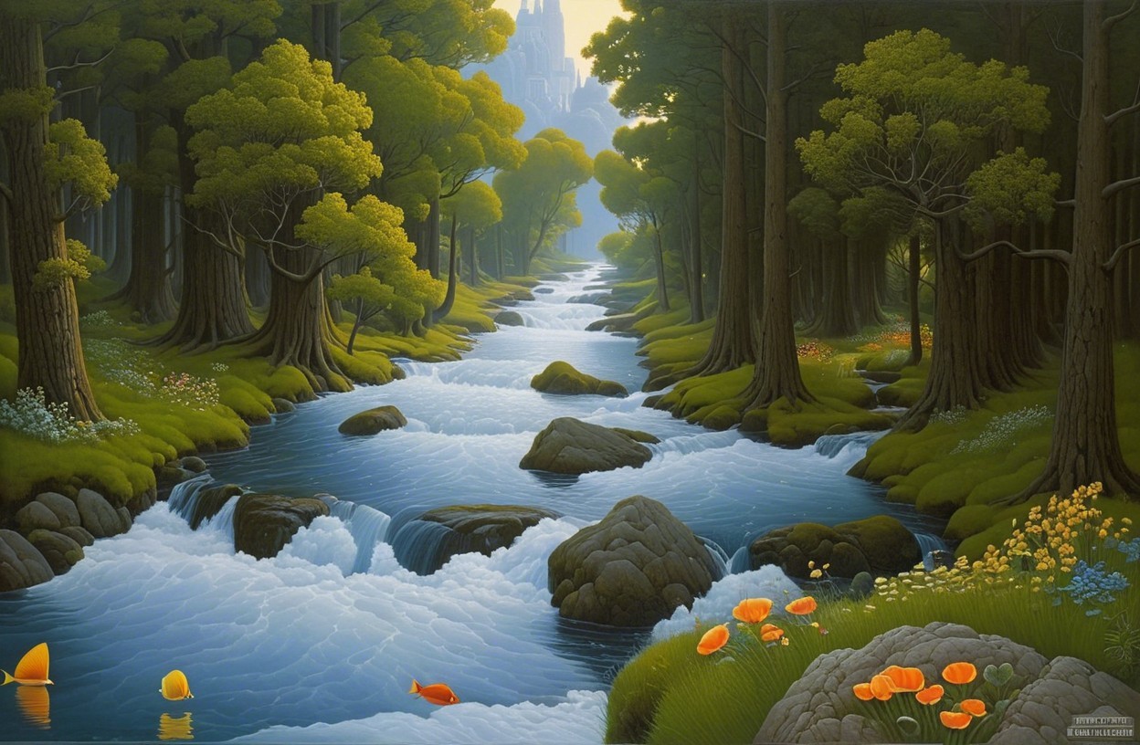 Tranquil Stream in Lush Green Forest Landscape