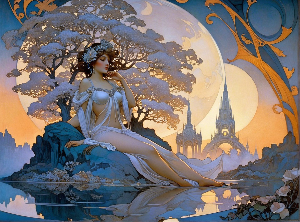 Ethereal Woman on Rocky Shore Under Luminous Moon