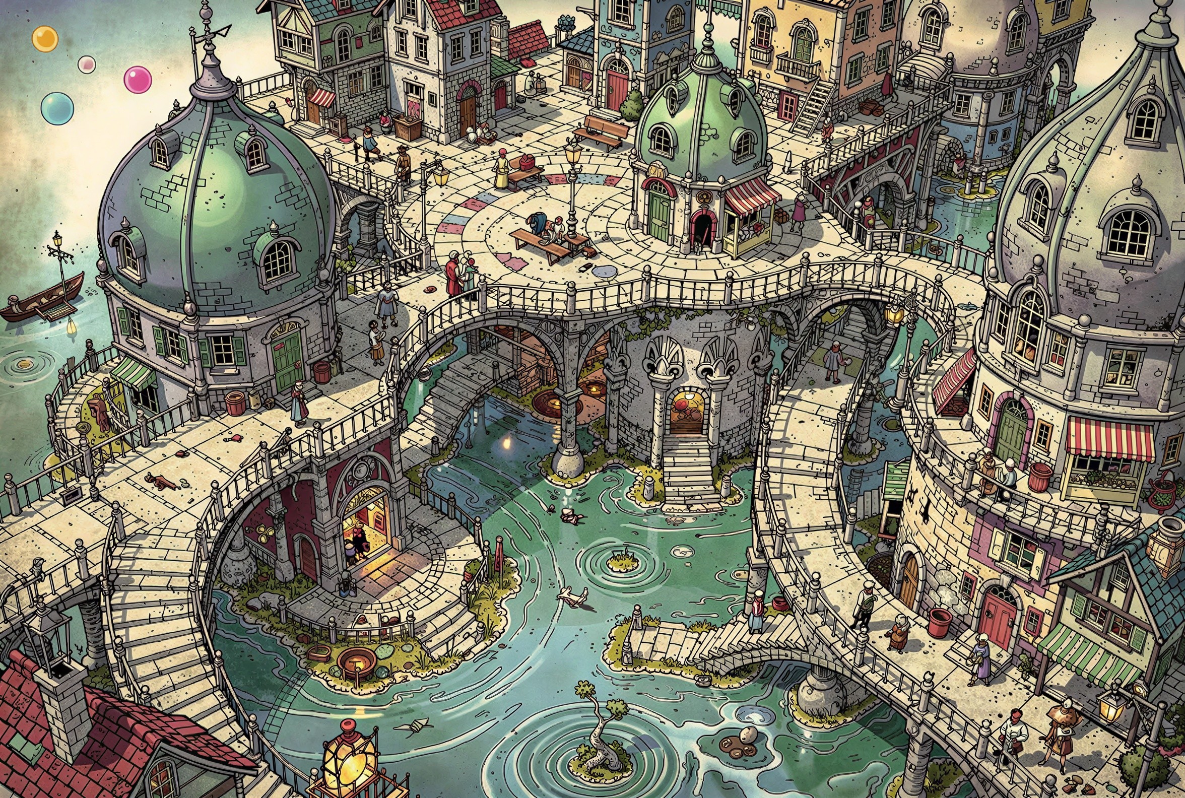 Isometric Illustration of a Fantastical Canal City