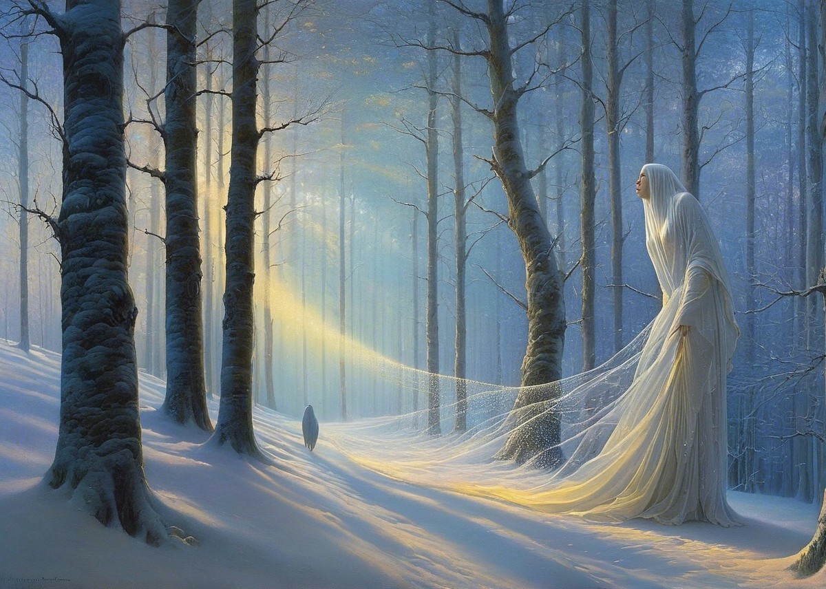 Ethereal Figure in Serene Winter Landscape