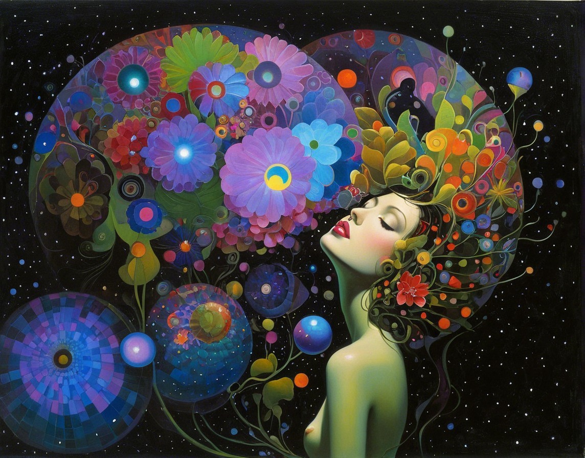 Whimsical Portrait of Woman with Floral Adornments