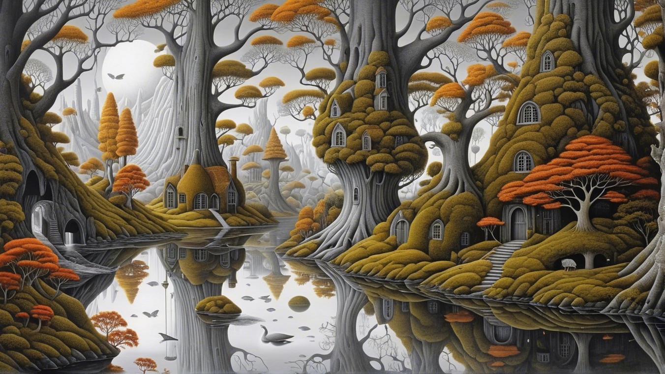 Whimsical Landscape with Twisting Trees and Houses