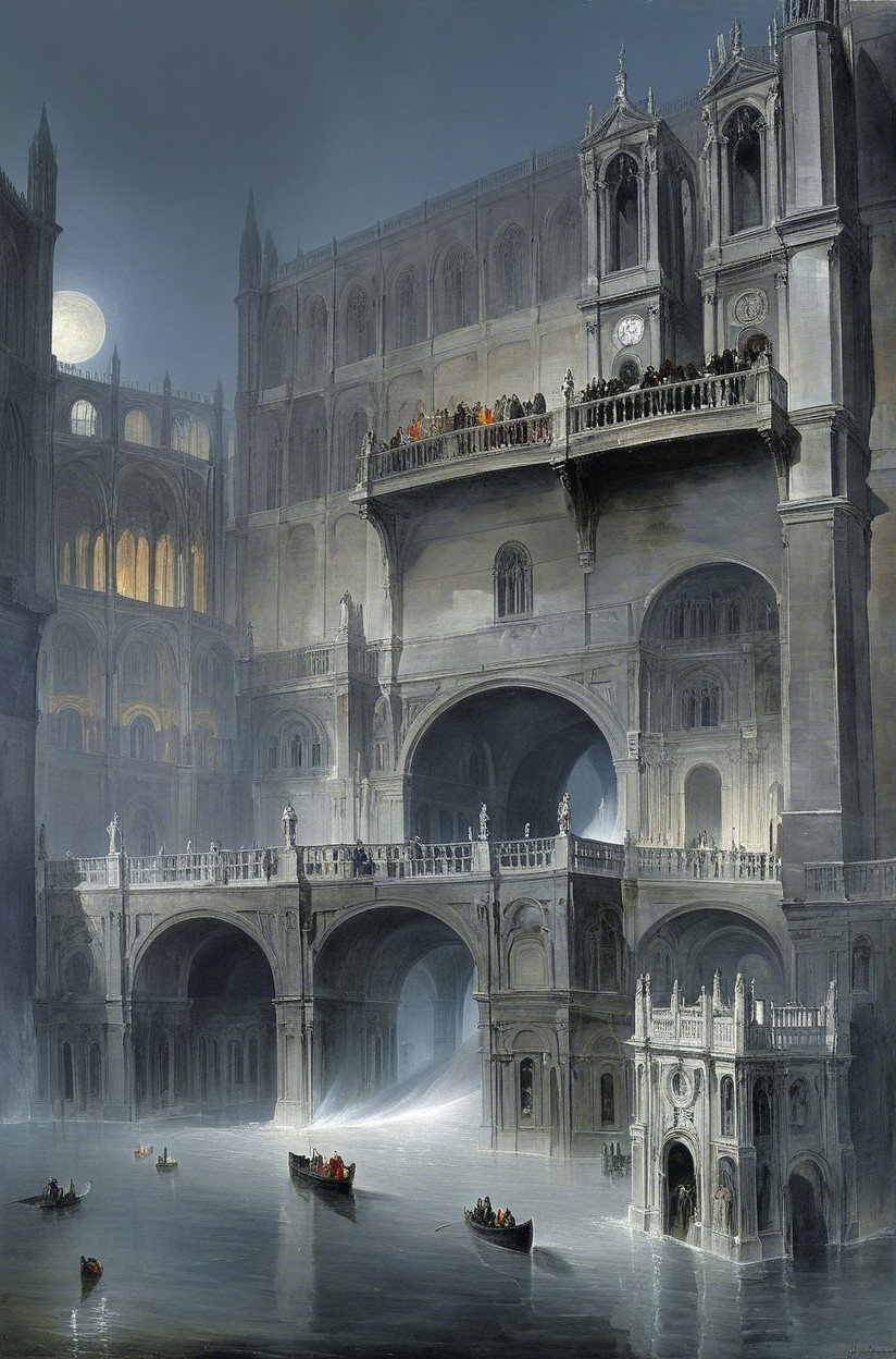 Mist-Covered Architectural Marvel in Ethereal Landscape
