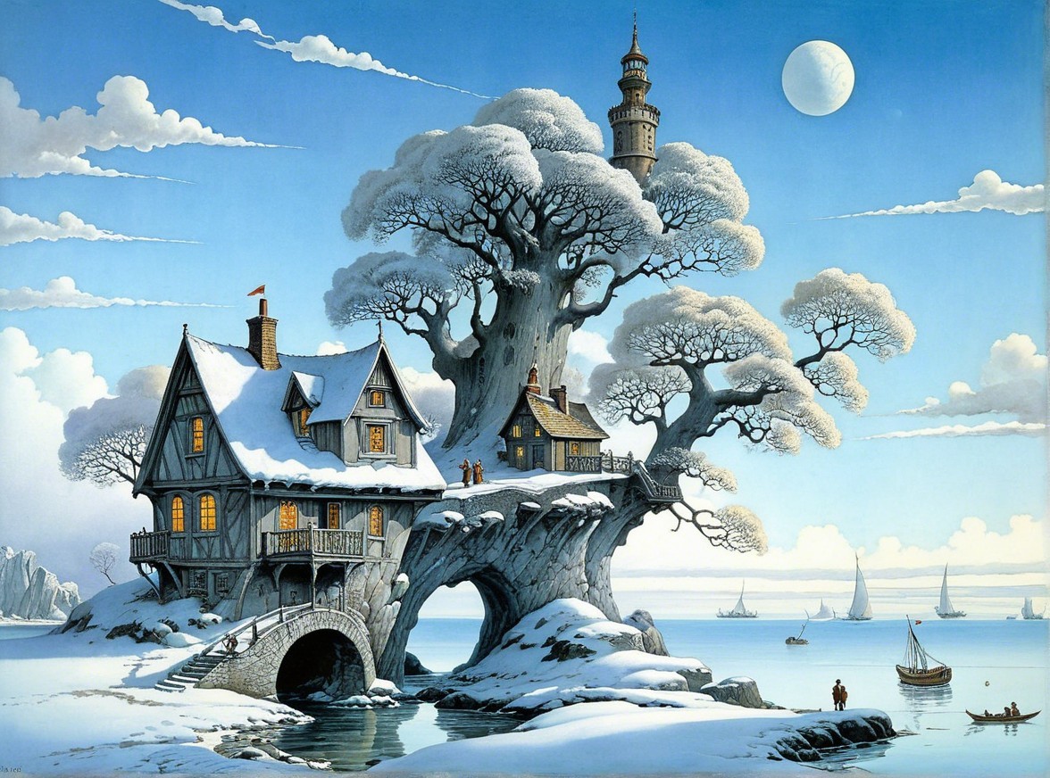 Whimsical Winter Scene with Houses in Snowy Tree