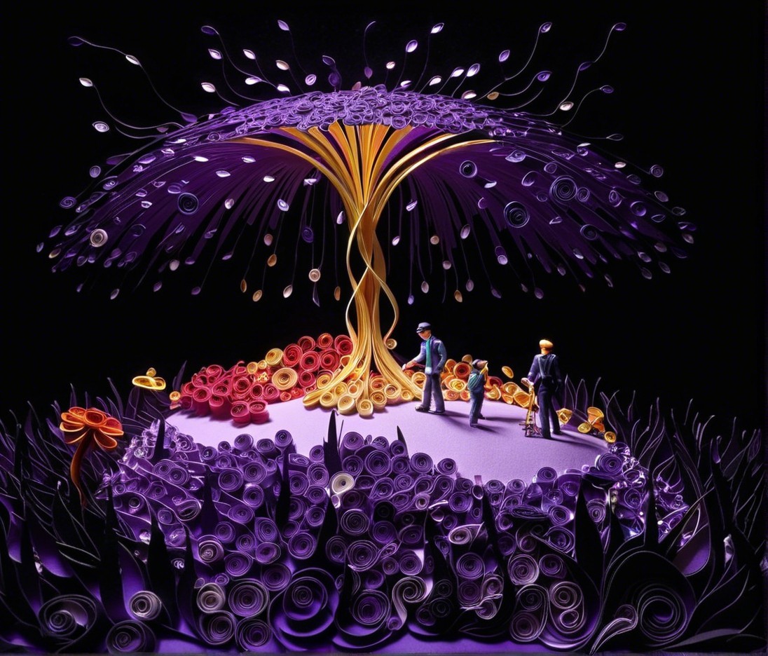 Whimsical Paper Art Scene with Purple Tree and Flowers