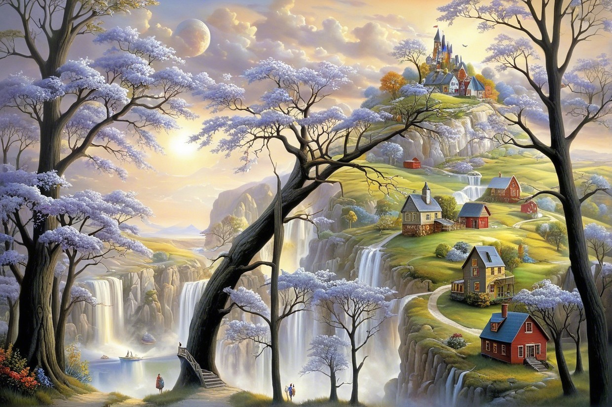 Serene Landscape with Waterfalls and Quaint Village