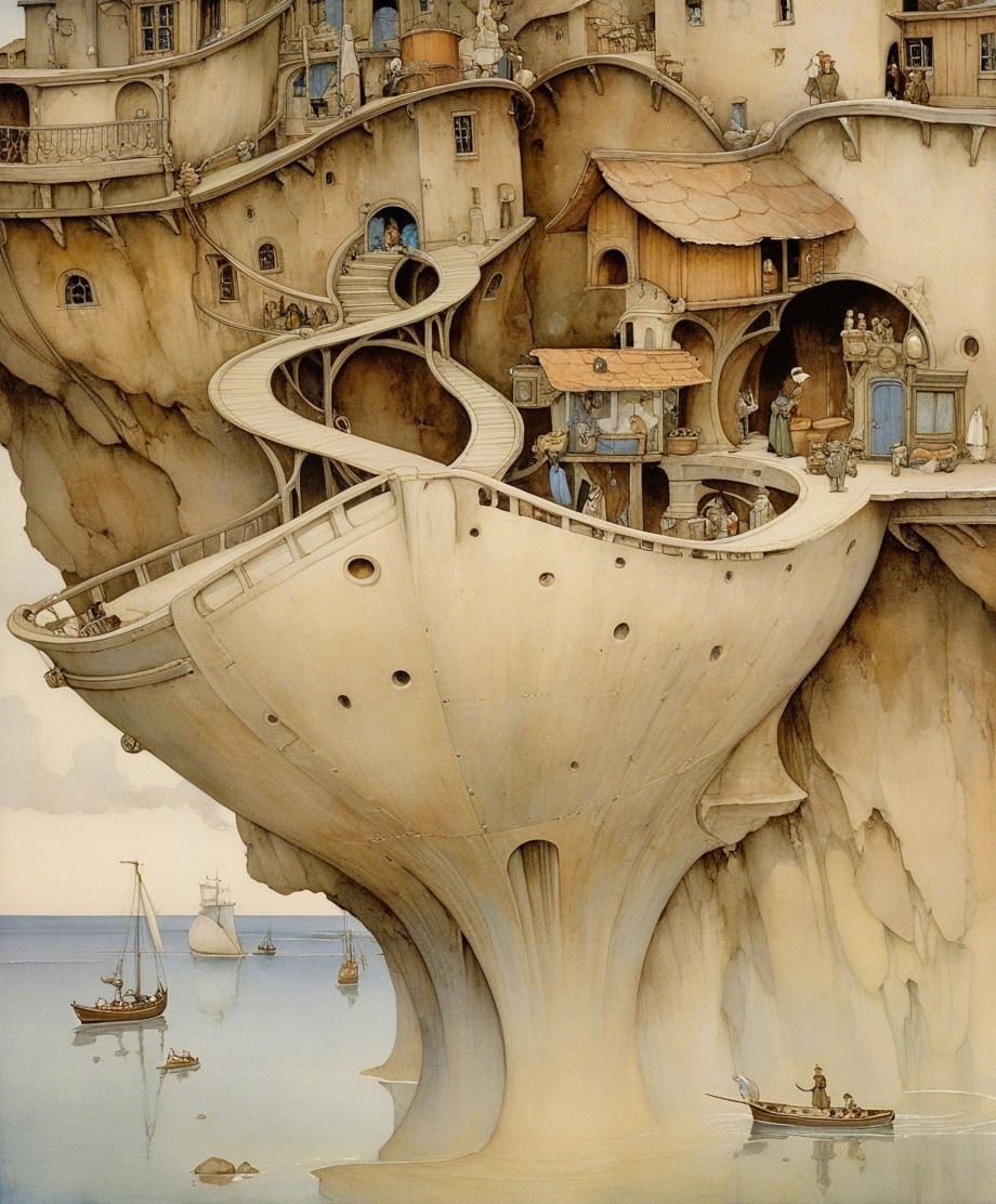 Surreal Cityscape Integrated with Cliffside Landscape