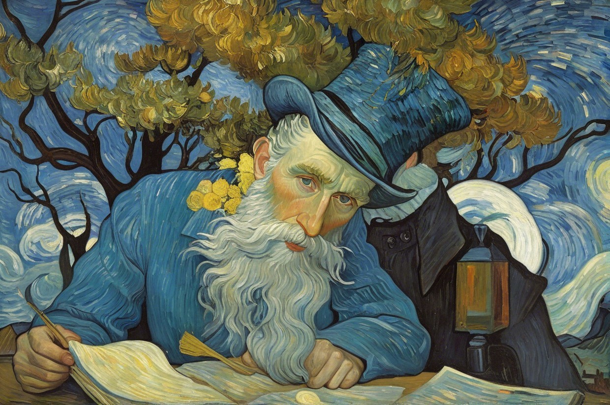 Elderly Man Writing Surrounded by Trees and Sky