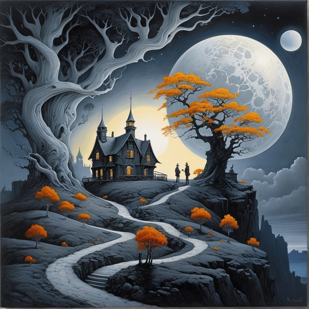 Gothic Mansion on Cliff with Twisted Trees and Moonlight
