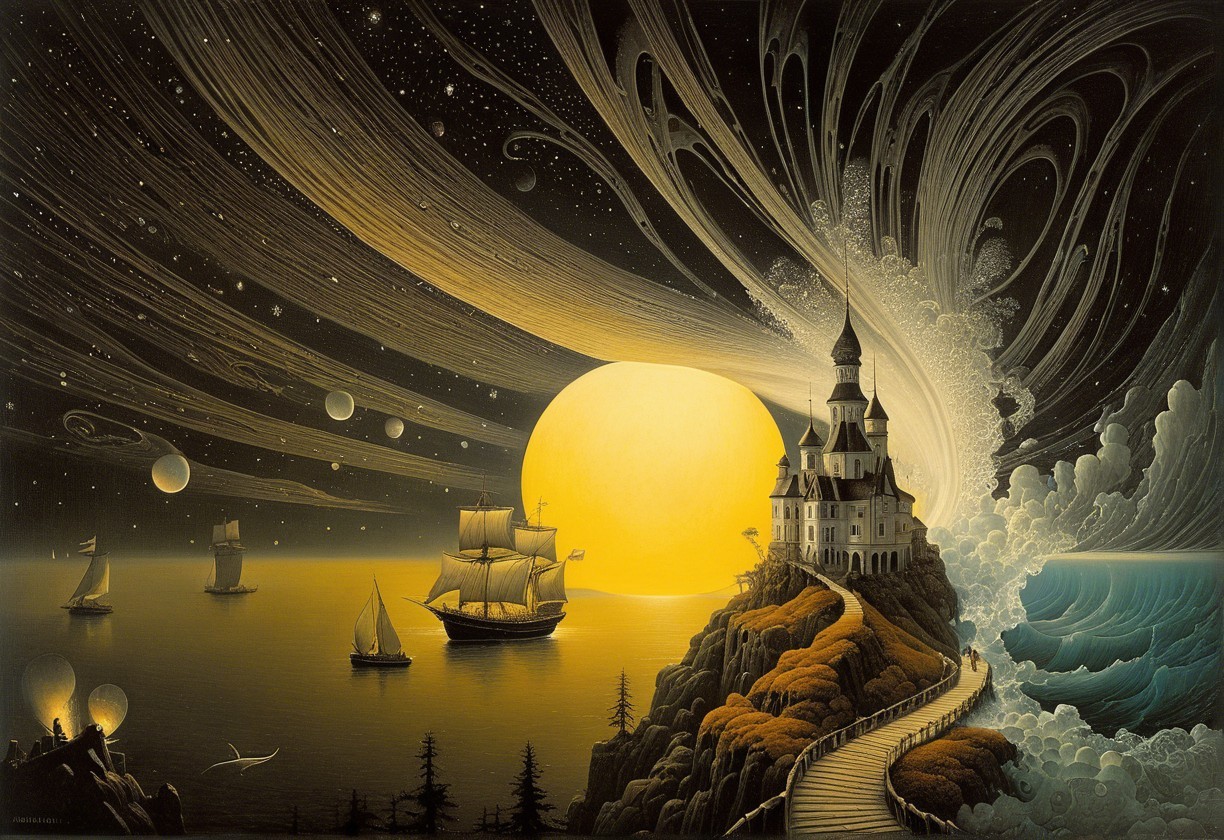Surreal Landscape with Castle and Cosmic Sky Elements