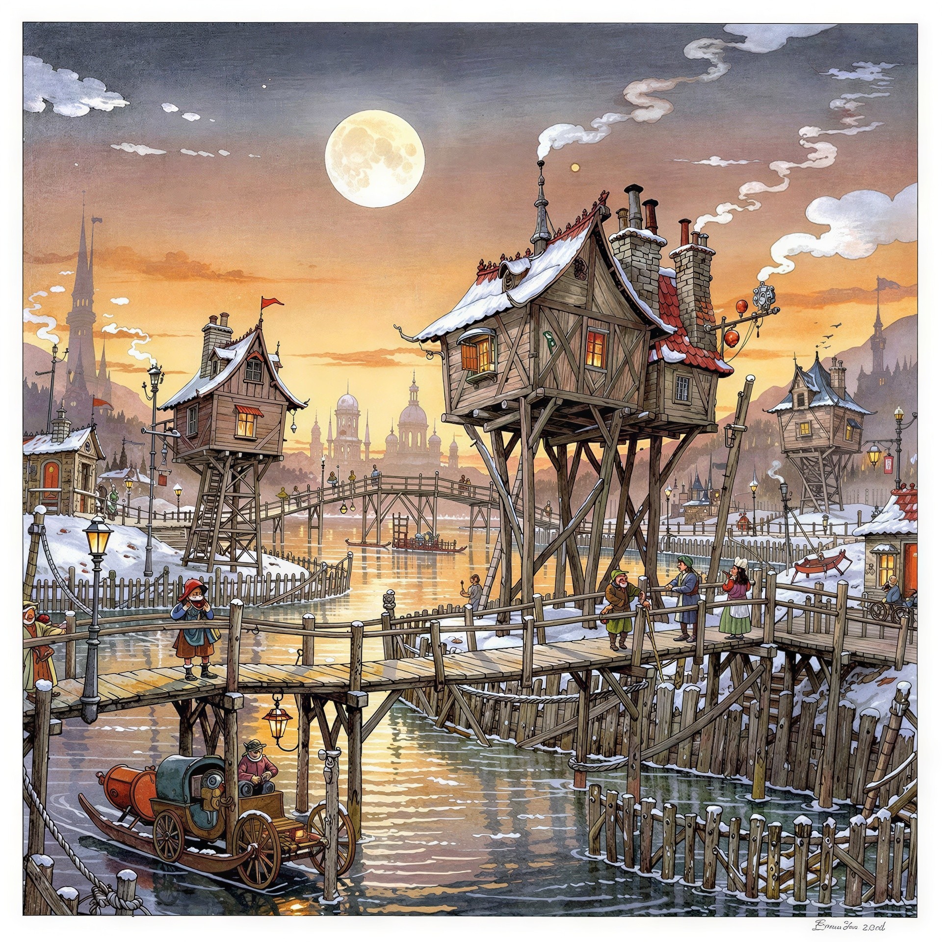 Magical Winter Village Scene with Snow and Moonlight