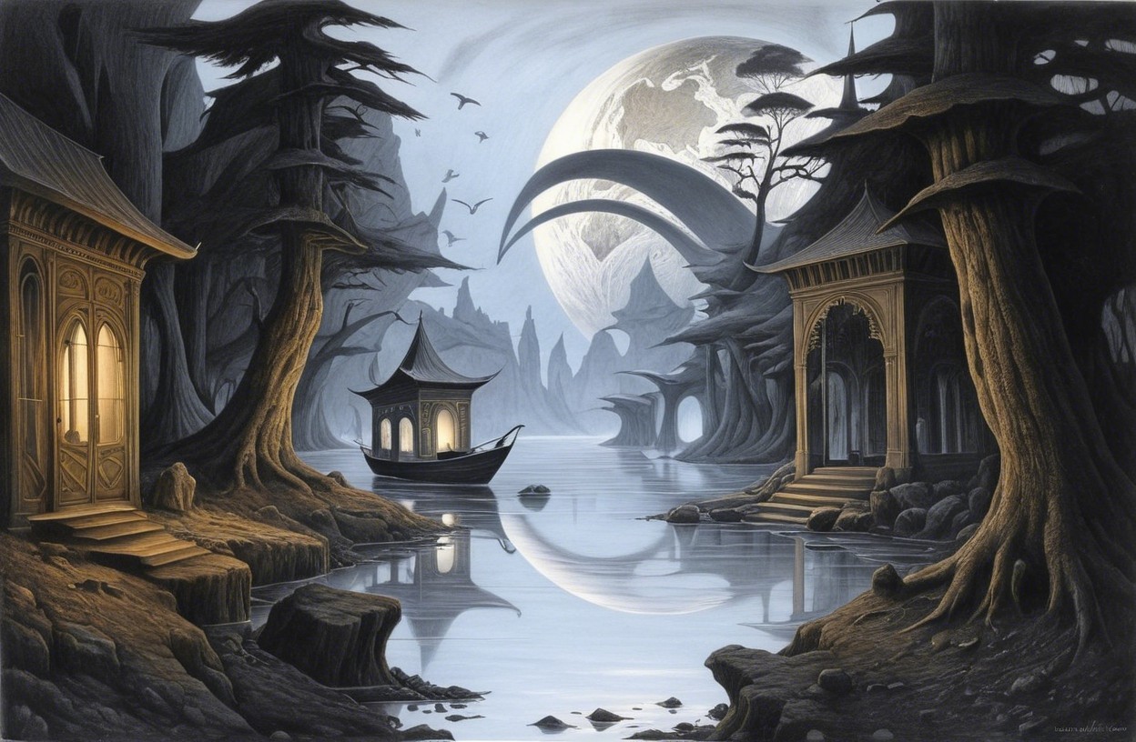 Mystical Landscape with Pavilions and Moonlit Lake
